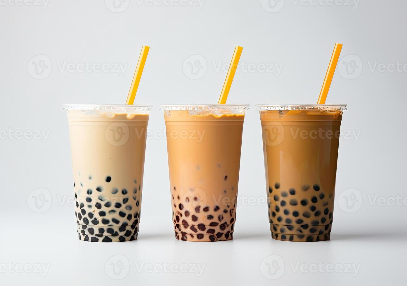 illustration of product photo of 3 plastic cups of boba milk tea, with bubbles, fun, solid soft pastel background