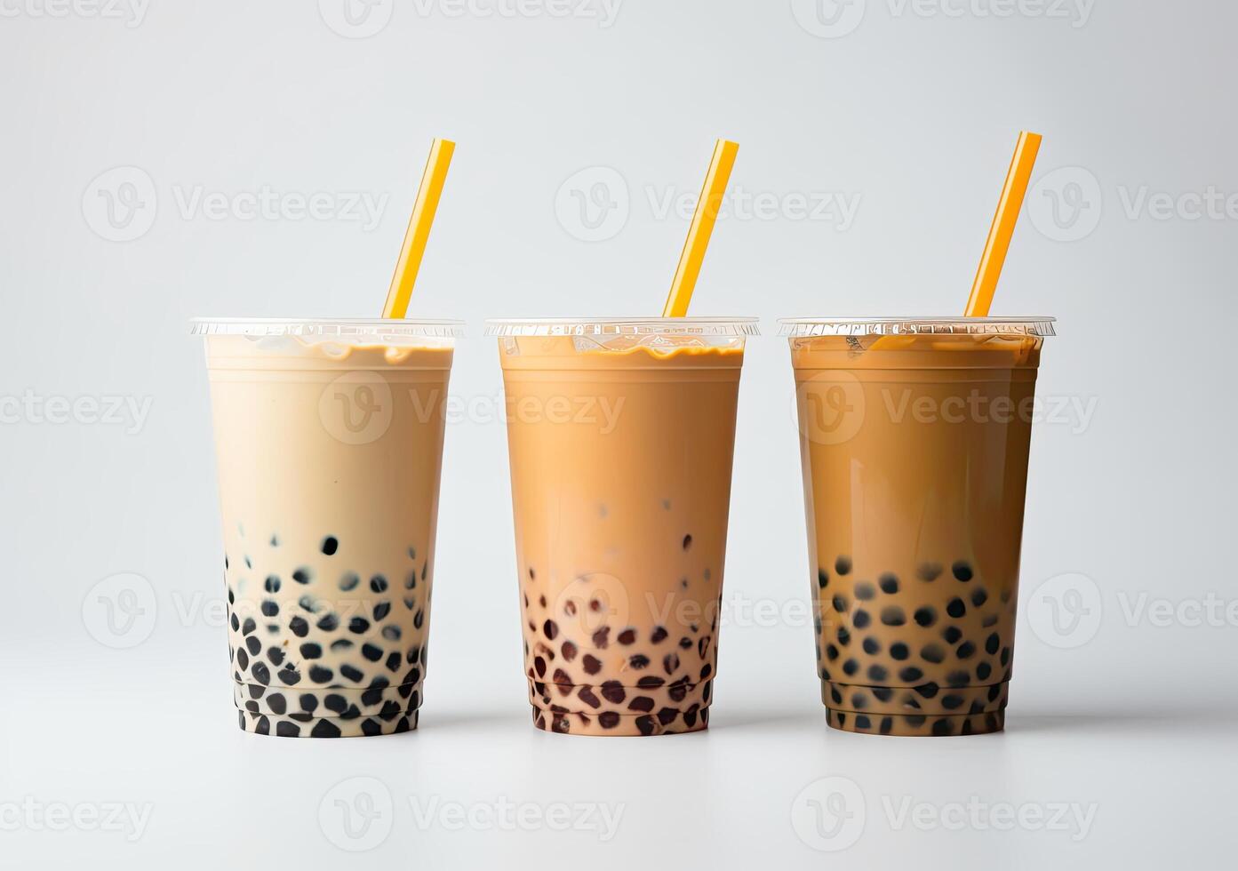 Generative AI illustration of product photo of 3 plastic cups of boba milk tea, with bubbles, fun, solid soft pastel background