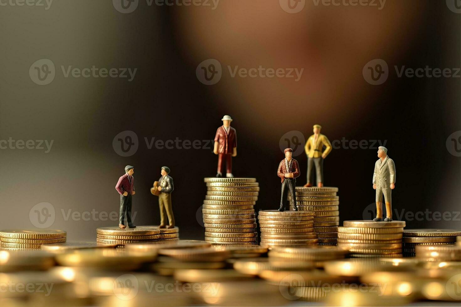 Generative AI illustration of miniature figures people stand on coins. Elderly people and their savings, pension photo