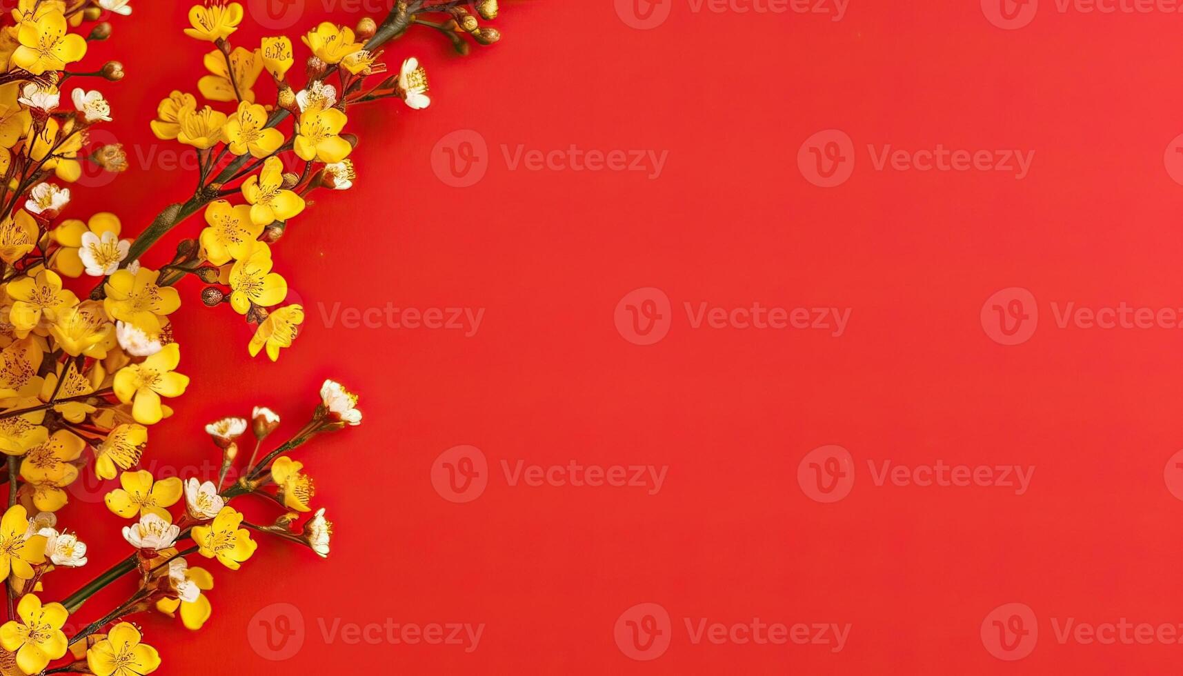 Generative AI illustration of many small beautiful yellow flower blossoms on red pastel background with copy space. photo