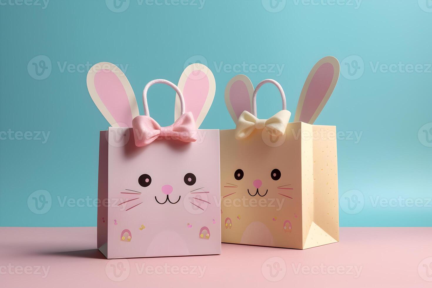 Two Gift Bags with Funny Animal Faces and Bunny Ears Sticking Out of It
