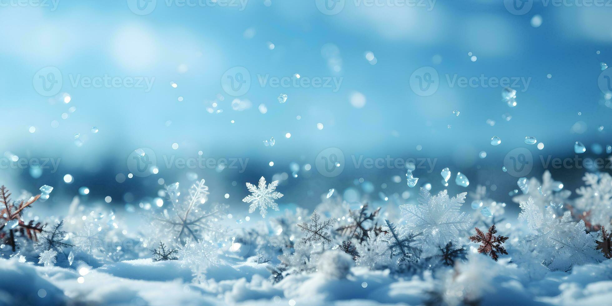 Winter Background with Snowflakes on Sunny Bright Blue Sky. AI Generated photo