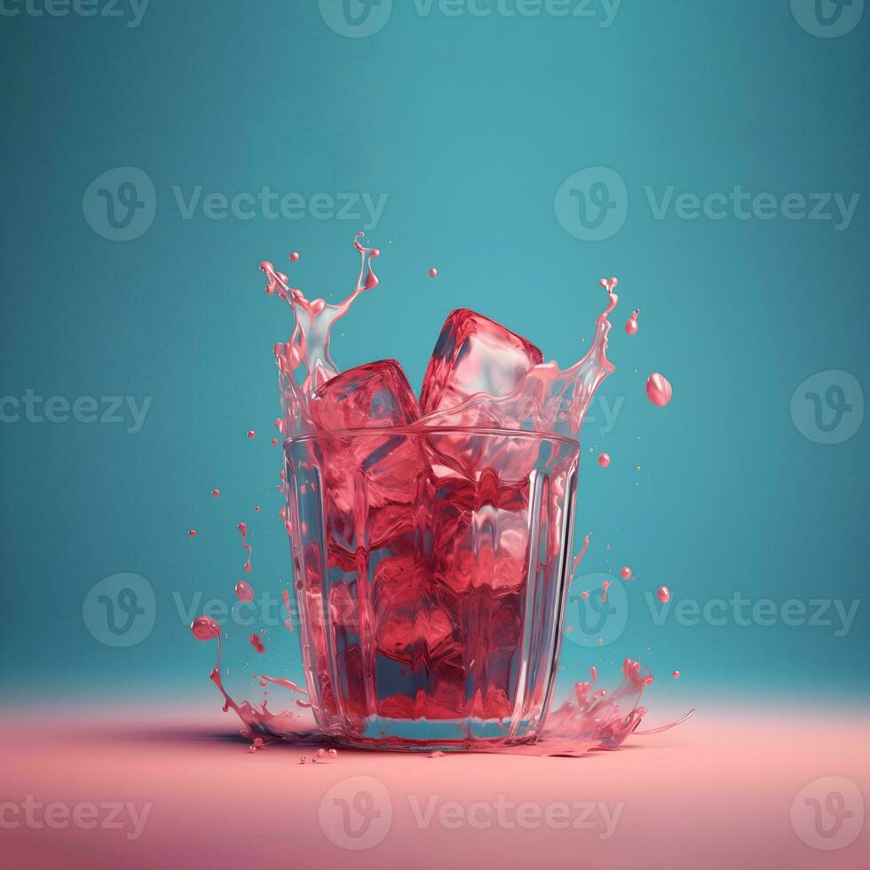 Fruta o baya jugo chapoteo en vaso con hielo cubitos. verano refrescante beber. cuadrado imagen, rosado y azul antecedentes. ai generado foto