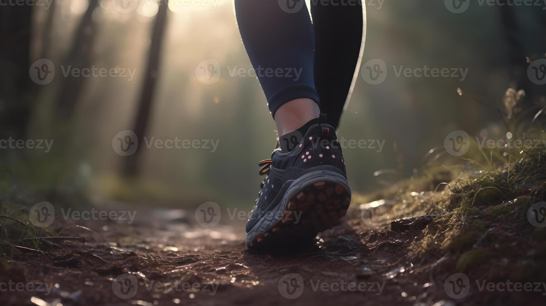 Legs of a woman jogging in the forest. Walking and running in nature. Close up. photo