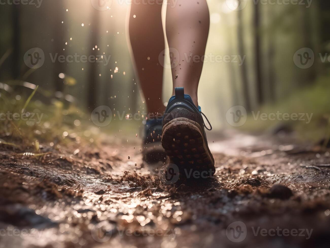 Legs of a woman jogging in the forest. Walking and running in nature. Close up. photo