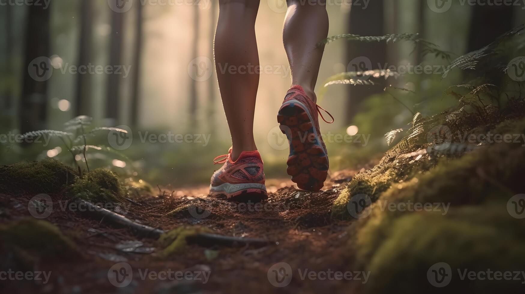 Legs of a woman jogging in the forest. Walking and running in nature. Close up. photo