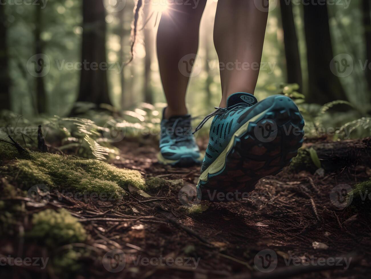 Legs of a woman jogging in the forest. Walking and running in nature. Close up. photo