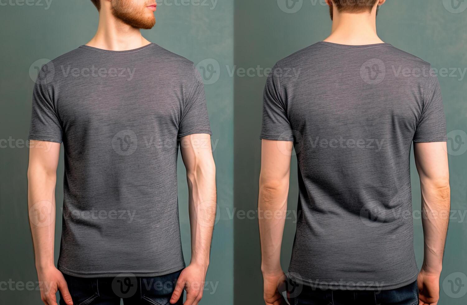 Photo realistic male grey t-shirts with copy space, front, and back view.