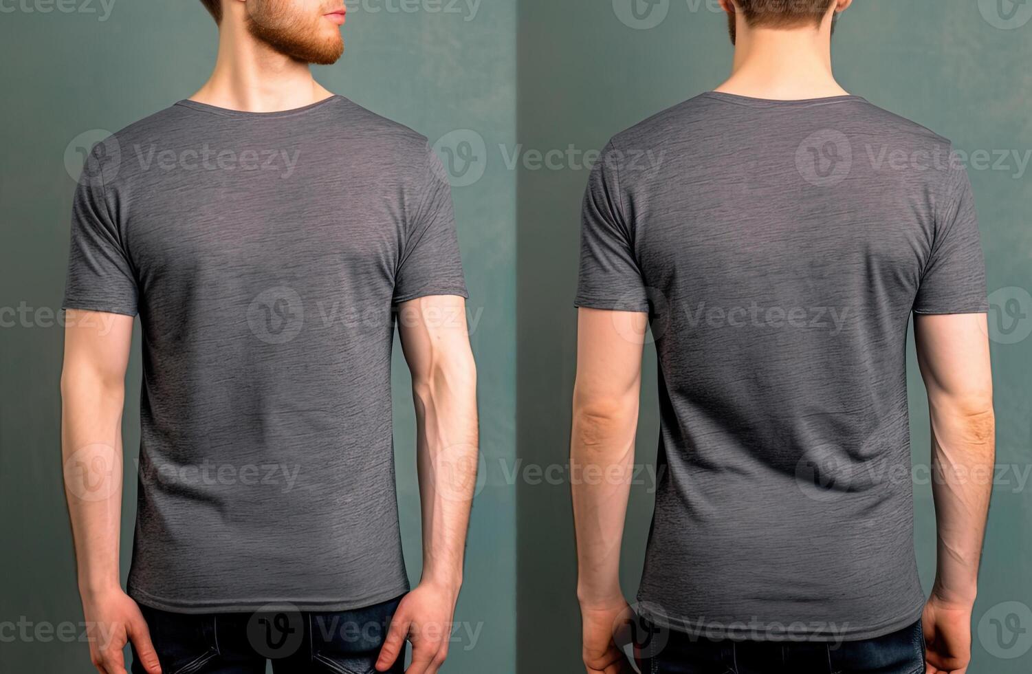 foto realista masculino gris camisetas con Copiar espacio, frente, y espalda vista. ai generado