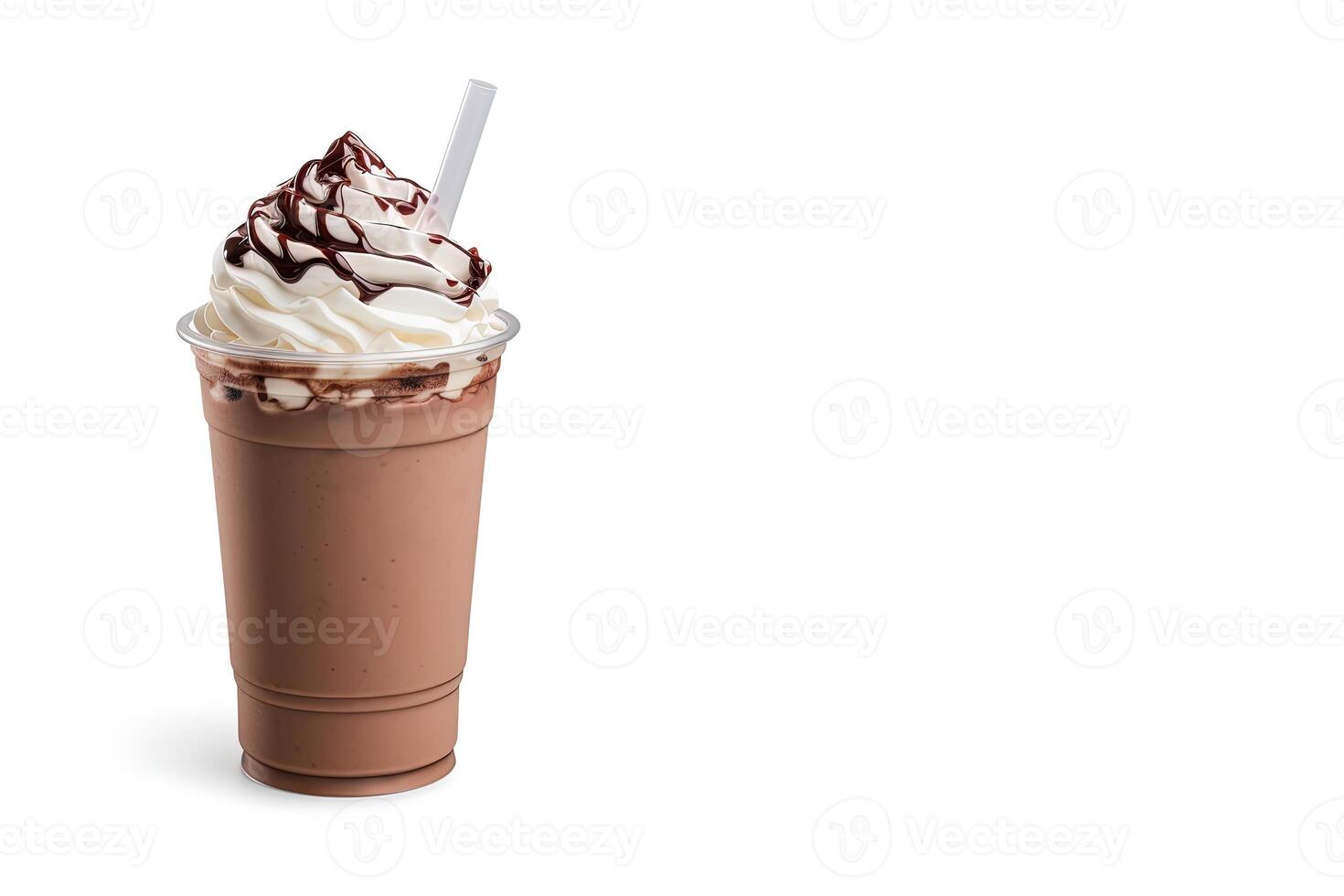Chocolate milkshake in plastic takeaway cup isolated on white background with copy space. photo