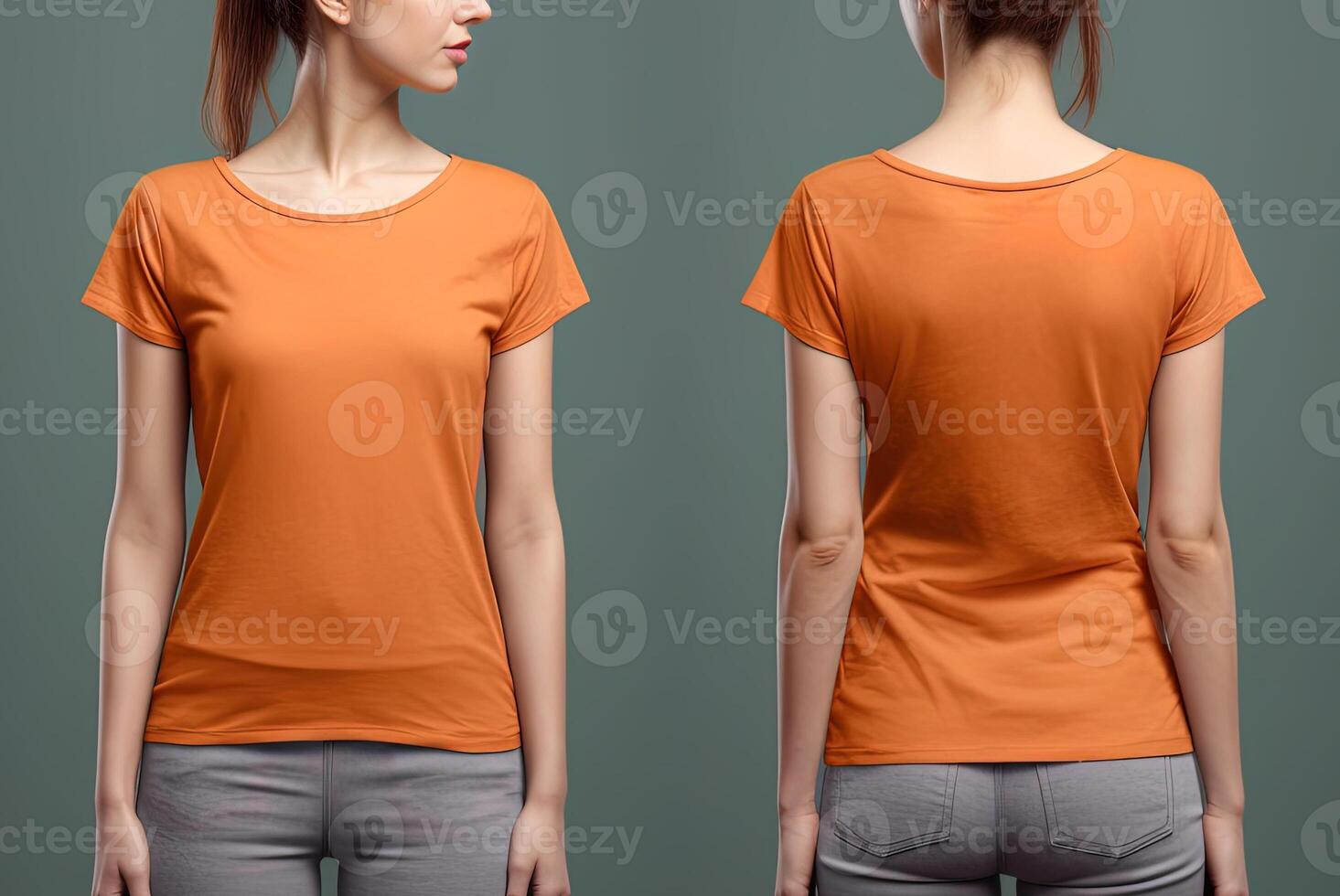 Photo realistic female orange t-shirts with copy space, front, and back view.