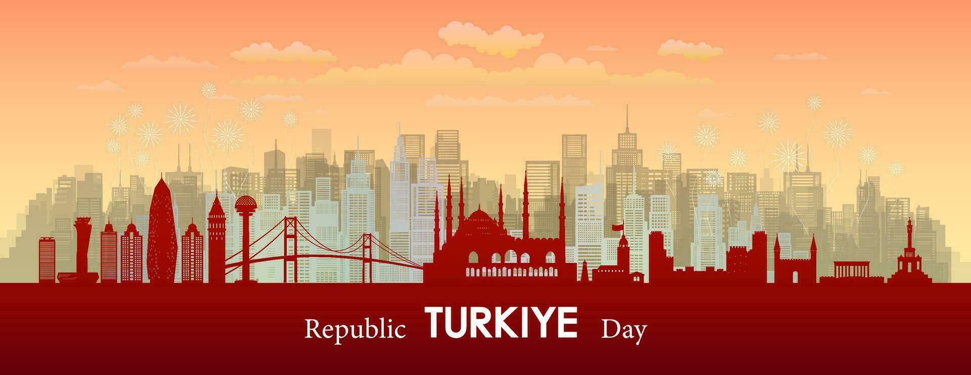 viaje puntos de referencia turkiye con silueta arquitectura fondo, turkiye día aniversario. vector