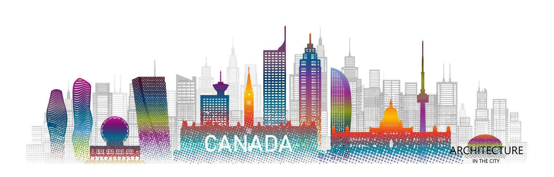 Travel architecture silhouette in Canada with colorful halftone style. vector