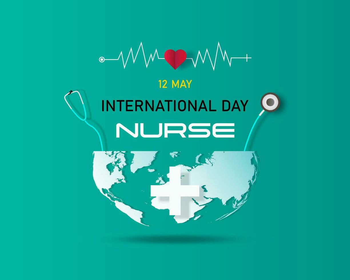 contento internacional enfermeras día símbolo auriculares y pulsos con mundo mapa antecedentes. vector