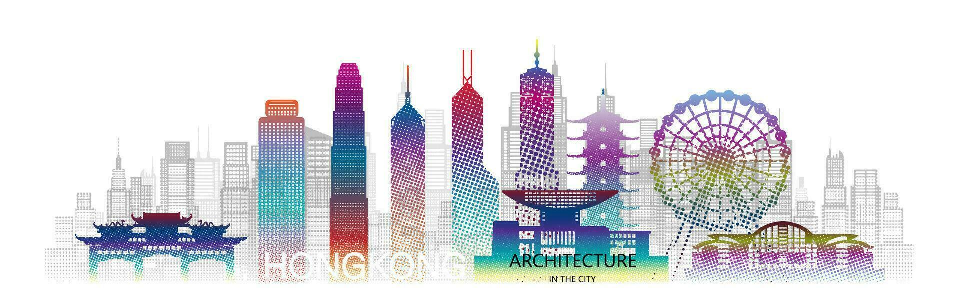Modern architecture skyscrapers in Hong Kong with colorful halftone. vector