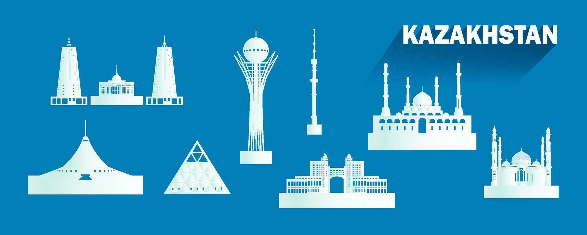 Travel landmarks kazakhstan with isolated silhouette architecture on blue background. vector