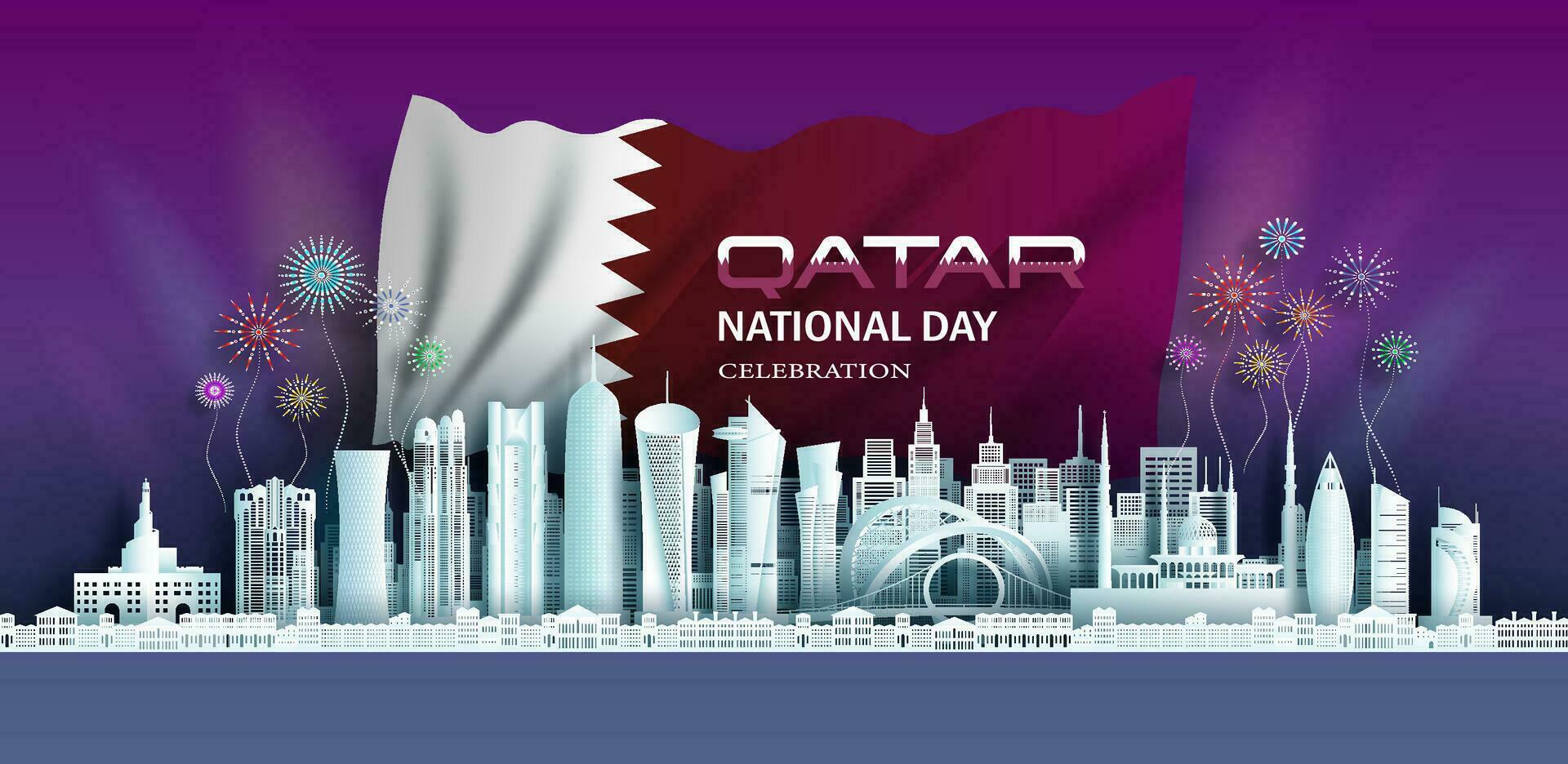 Anniversary celebration independence qatar day and travel landmarks doha city. vector