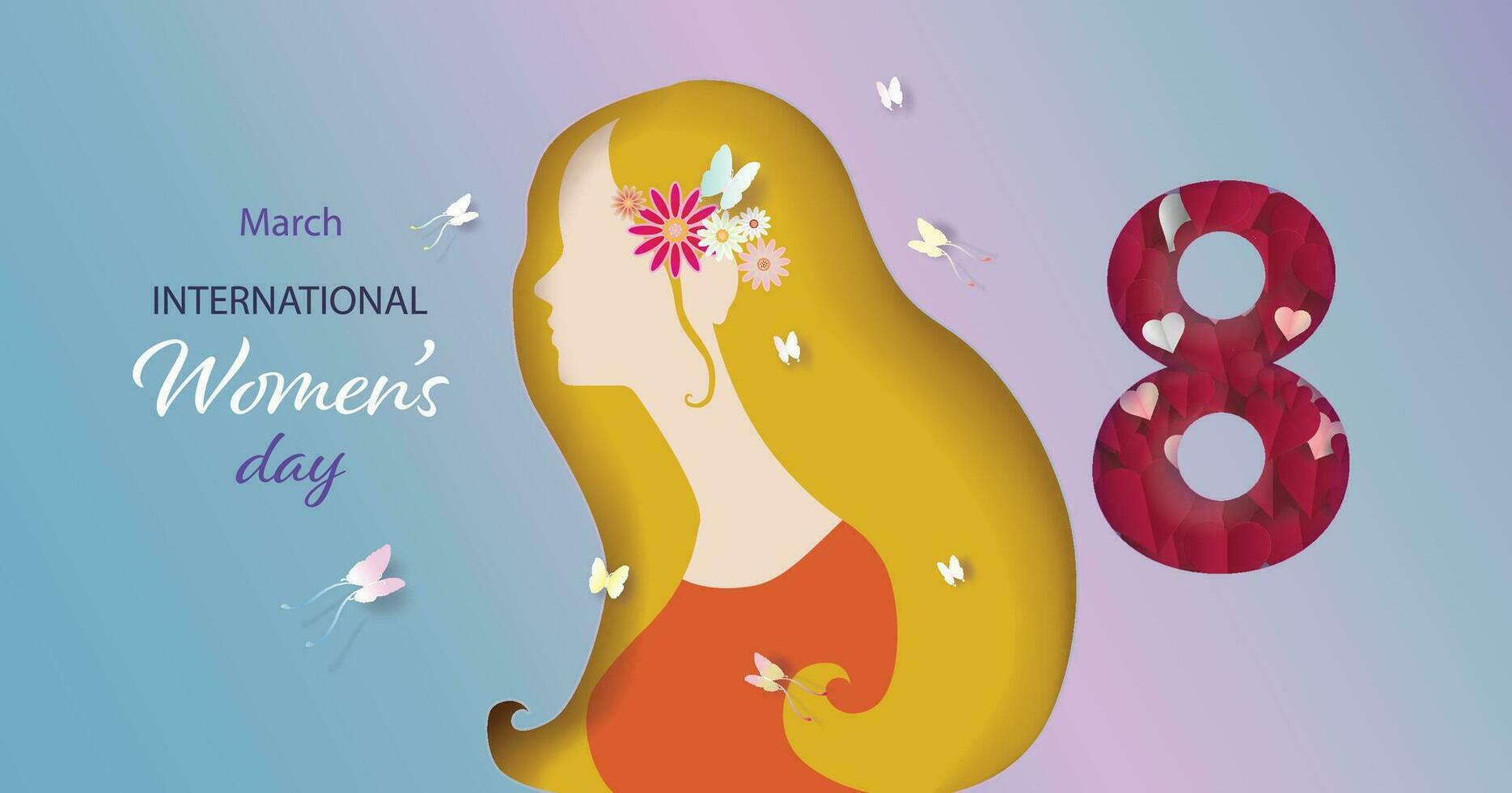 International Women's Day 8 march with butterfly and flowers. vector
