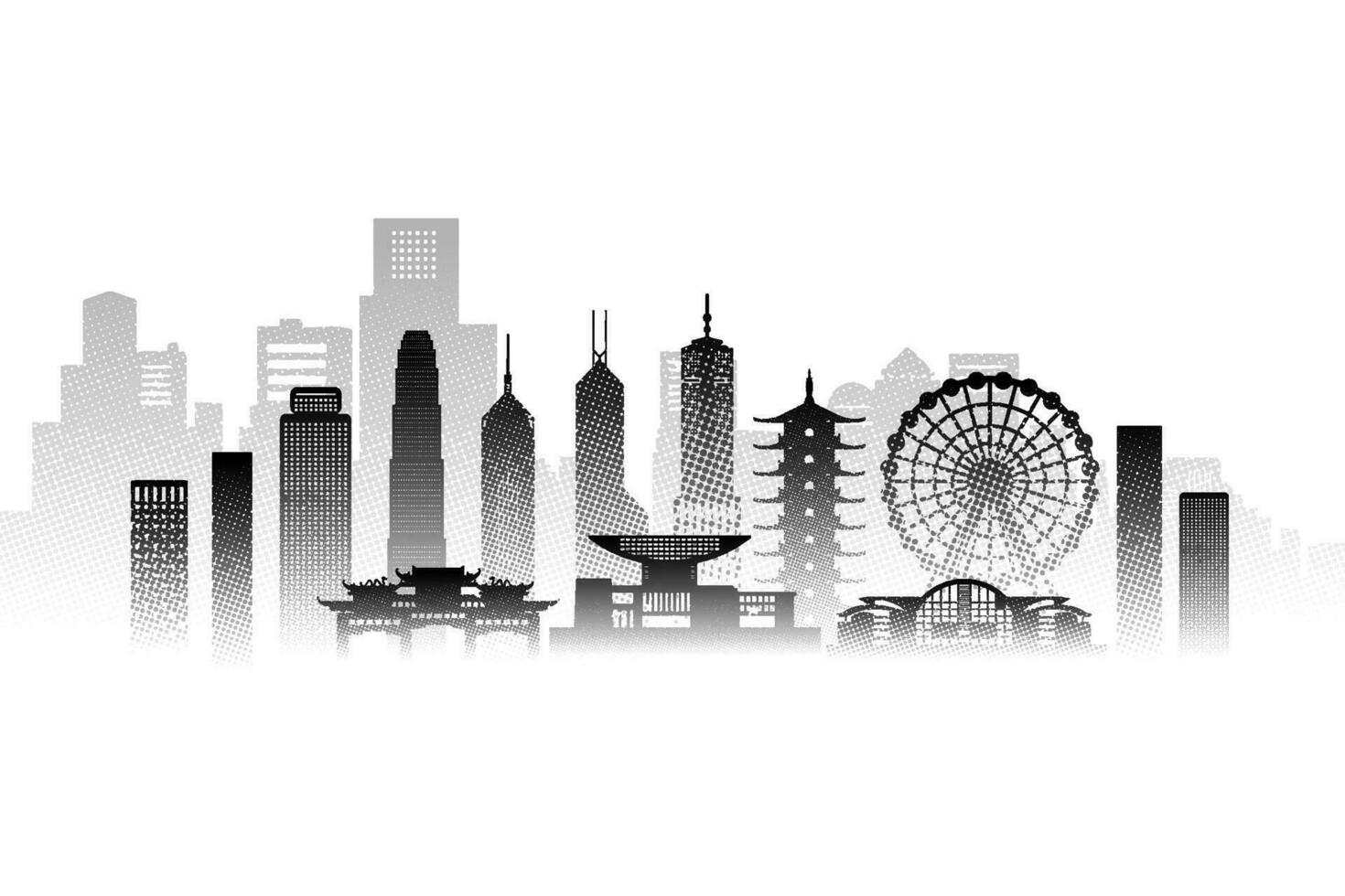 Travel architecture silhouette in Hong Kong with Black halftone style. vector