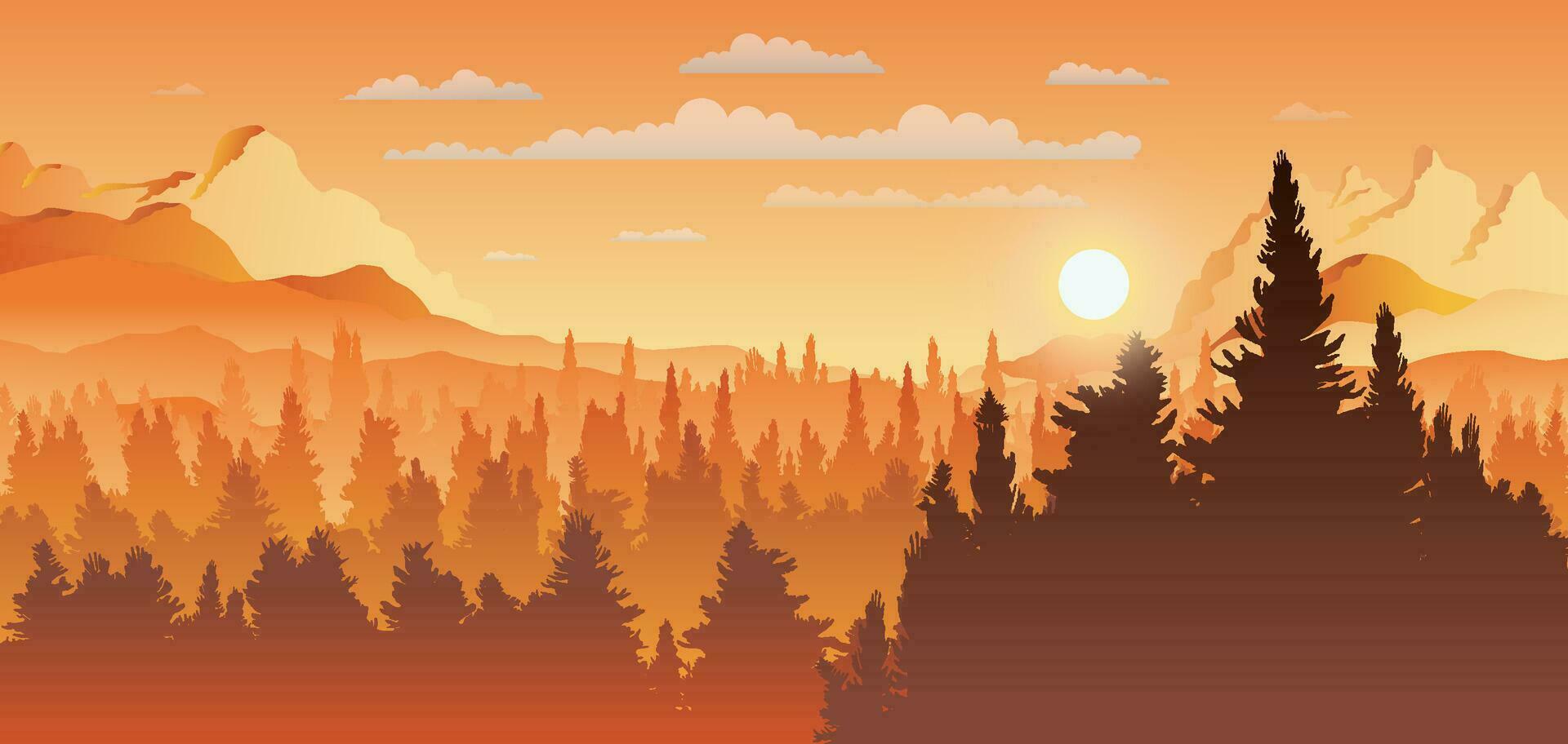 Vector panoramic landscape of forest in sunset with silhouettes of pine trees.