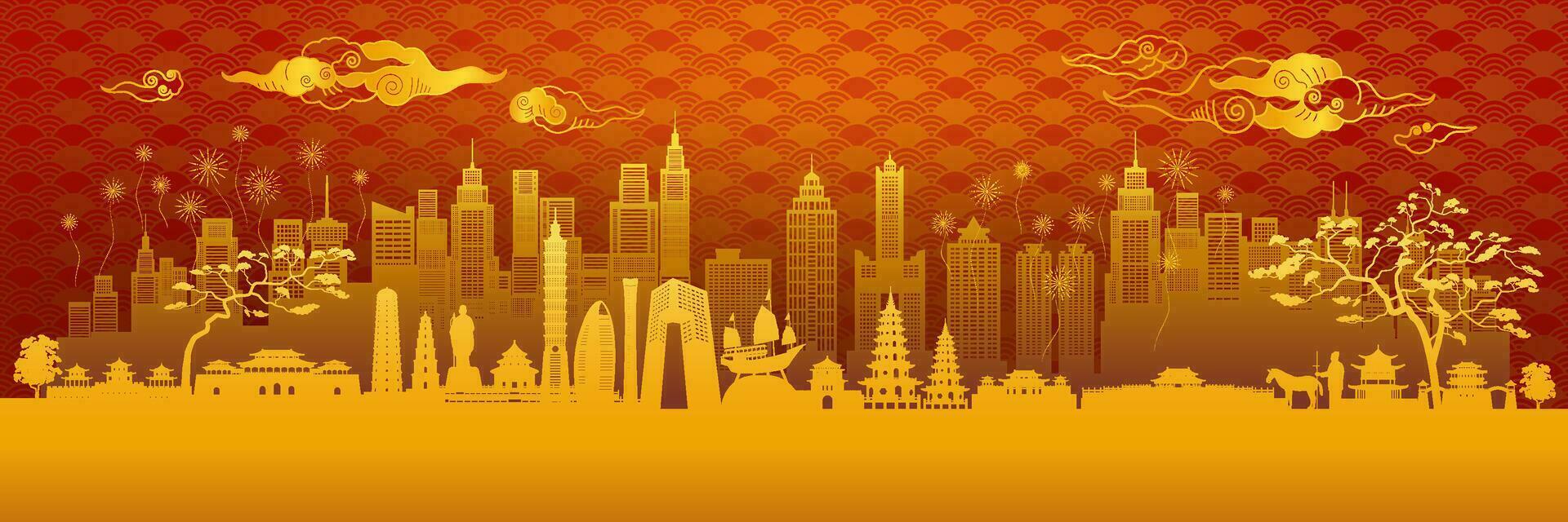 Travel landmarks China traditional silhouette architecture and chinese pattern background. vector