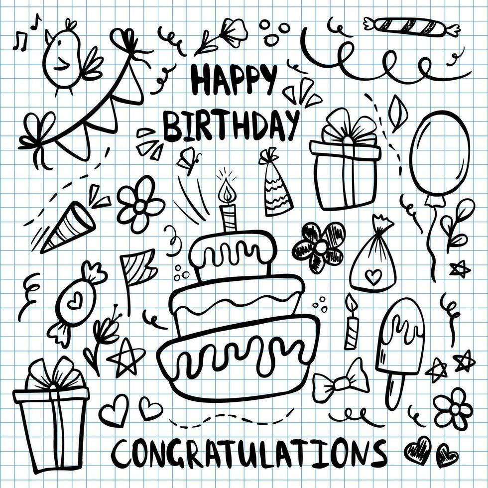 Set of Happy Birthday doodles elements . Hand drawn vector illustration. Sketch of ballon, party decoration, gift box, cake, party hats.