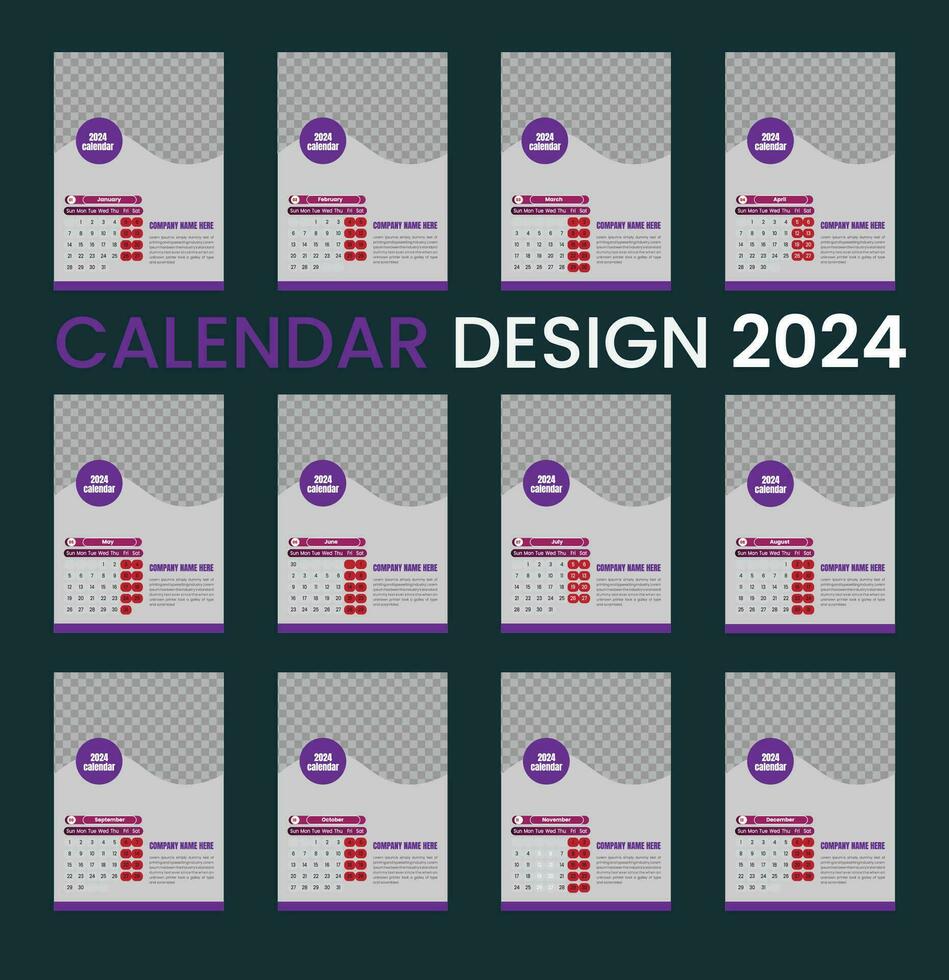 Calendar design template for 2024, minimalist, clean, and elegant design .Set of 12 calendar pages vector design print template with place for photo and company logo.