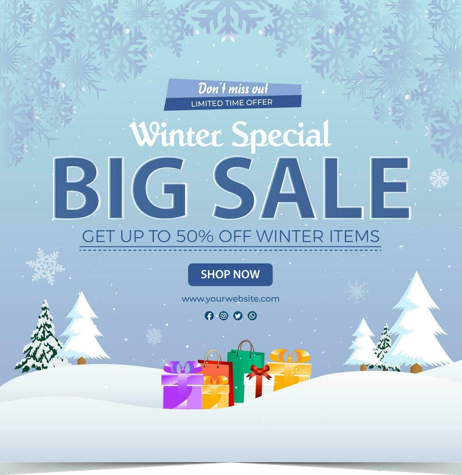 Winter sale banner template with snow flakes, ice snow shopping sale. end of winter Vector