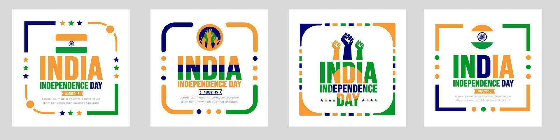 15 August India Independence day social media post banner or sticker design tempalte set. Holiday concept. background, banner, placard, card, and poster design template with text inscription vector