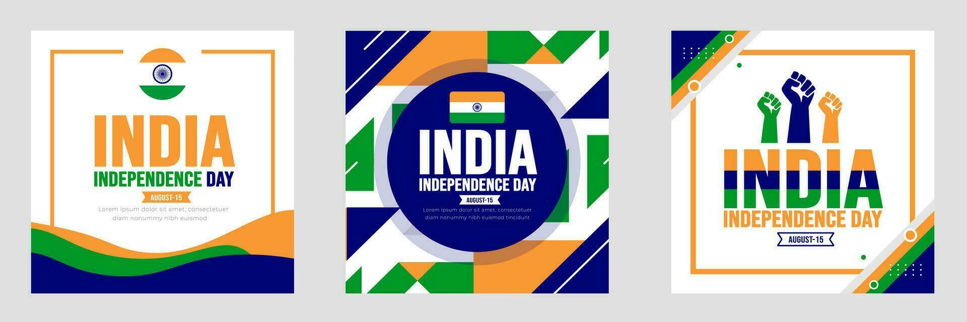 15 August India Independence day social media post banner or sticker design tempalte set. Holiday concept. background, banner, placard, card, and poster design template with text inscription vector