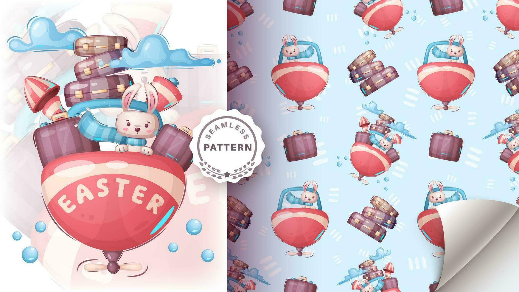 Seamless pattern cartoon character adorable travel rabbit, pretty animal idea for print t-shirt, poster and kids envelope, postcard. Cute hand drawn style. vector