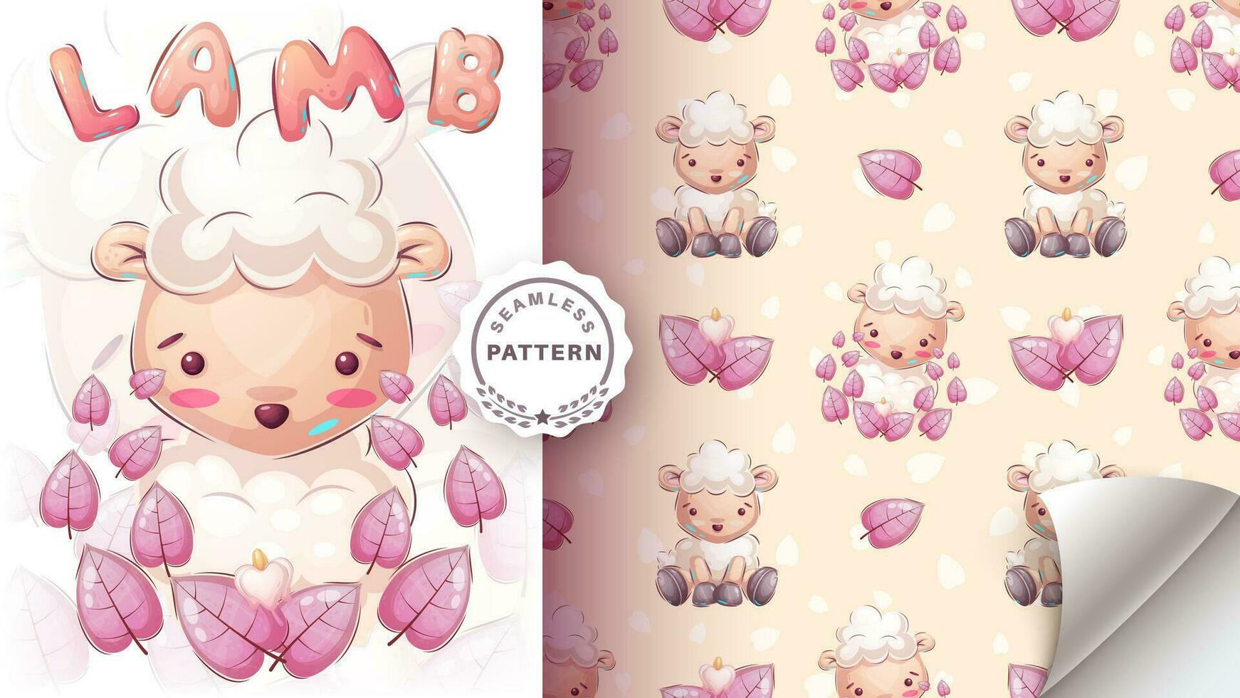 Seamless pattern cartoon character adorable lamb, pretty animal idea for print t-shirt, poster and kids envelope, postcard. Cute hand drawn style vector