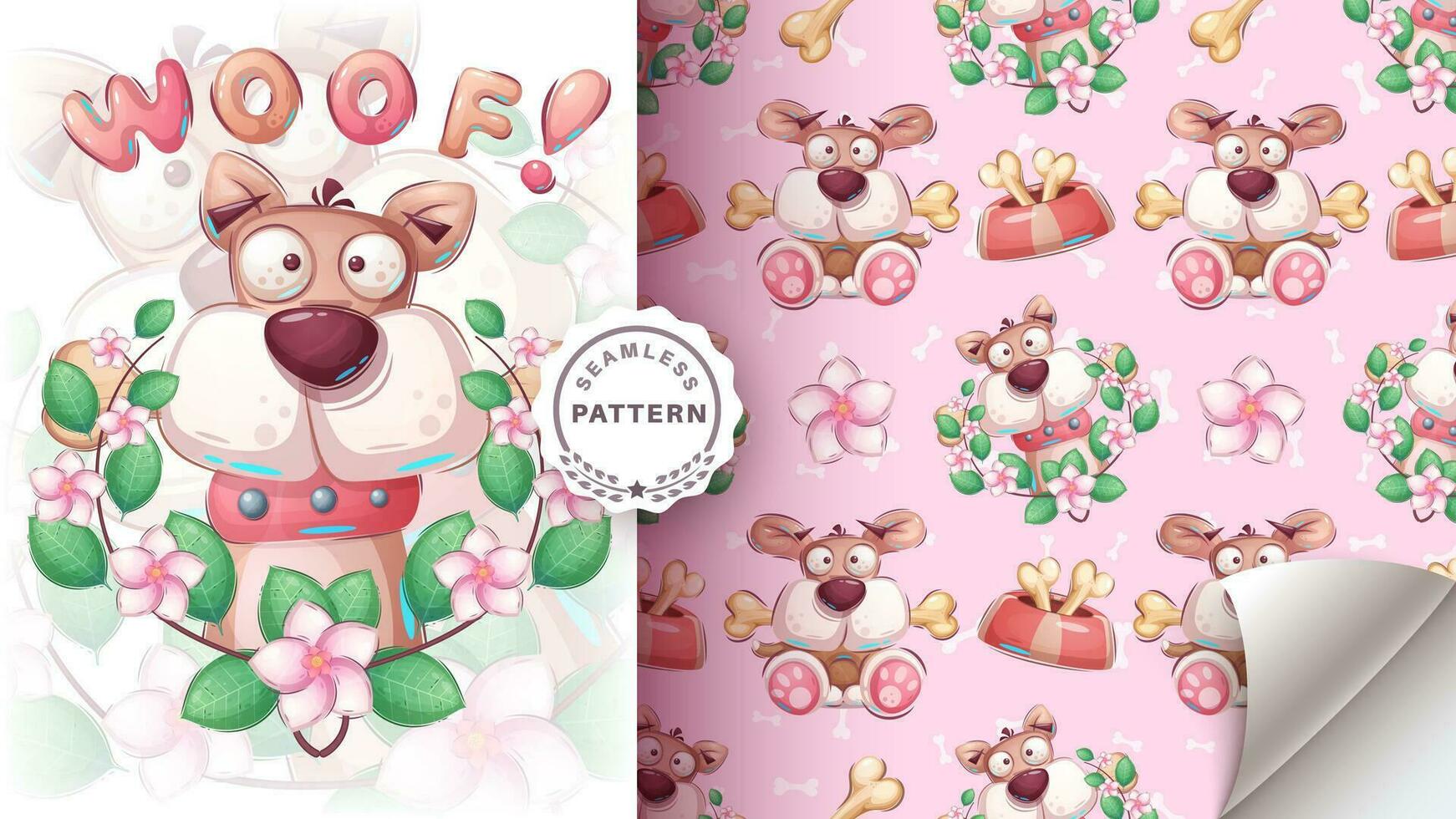 Seamless pattern cartoon character adorable dog, pretty animal idea for print t-shirt, poster and kids envelope, postcard. Cute hand drawn style. vector