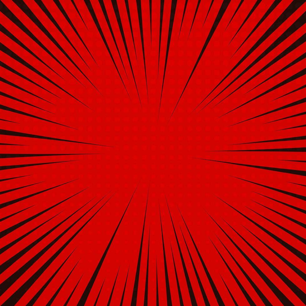Red comic book page background in pop art style with empty space. Template with rays, dots and halftone effect texture. Vector illustration