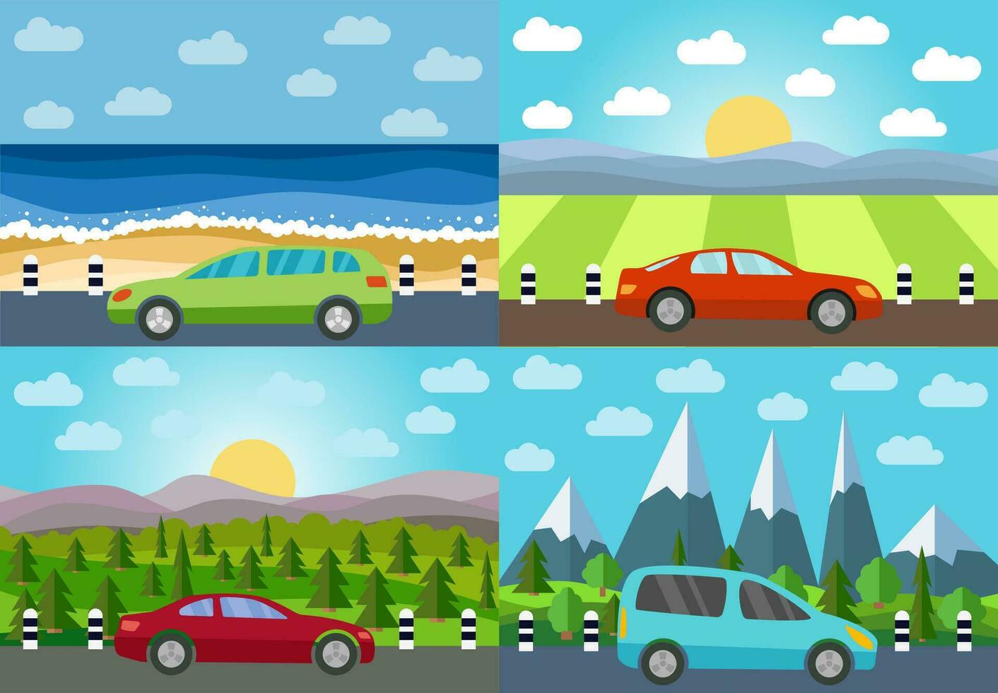 Set of four vector illustration of car on the road against the backdrop of natural landscape.