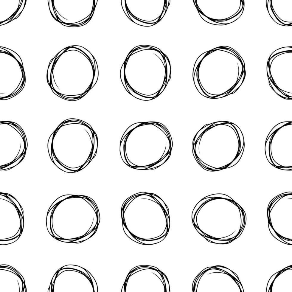 Seamless pattern with black sketch hand drawn brush scribble circles shape on white background. Abstract grunge texture. Vector illustration