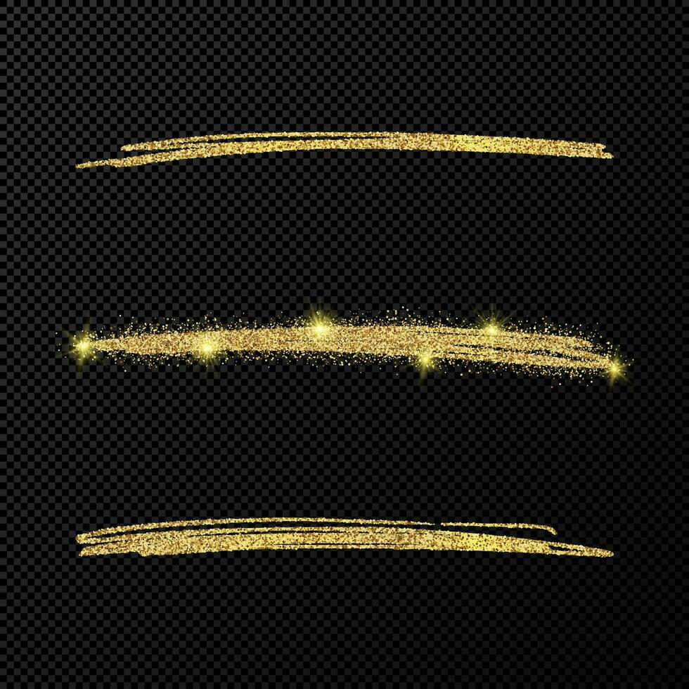 Abstract shiny confetti glittering waves. Set of three hand drawn brush golden strokes on black vector
