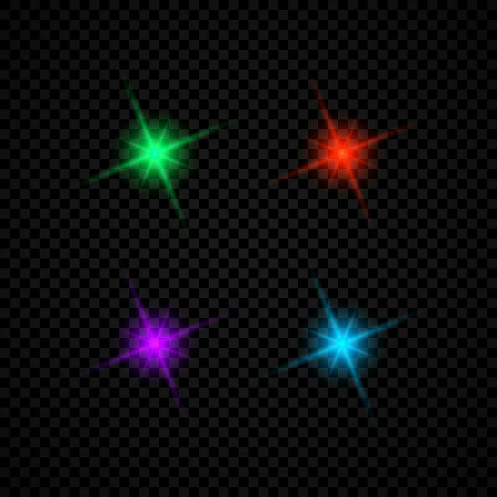 Light effect of lens flares. Set of four green, red, purple and blue glowing lights starburst effects with sparkles vector