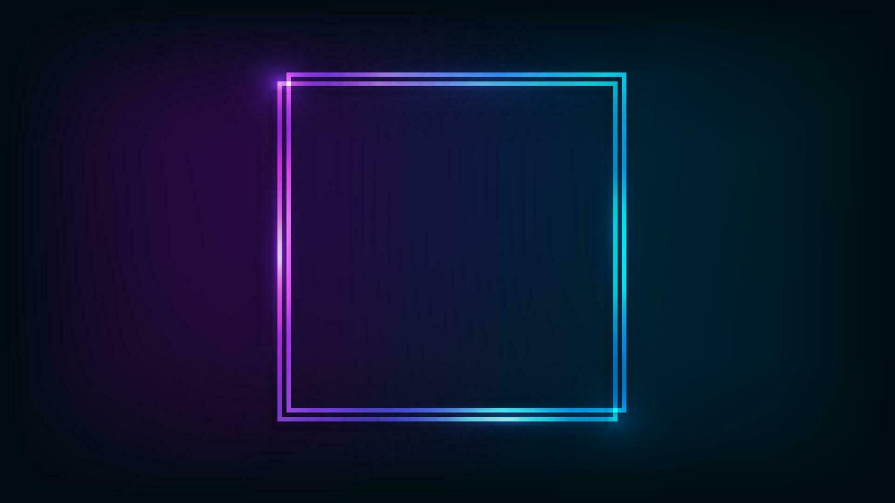 Neon double square frame with shining effects on dark background. Empty glowing techno backdrop. Vector illustration.