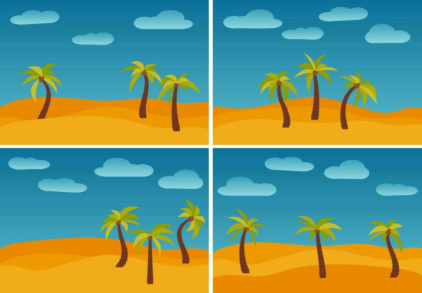 Set of four images with cartoon nature landscapes with three palms in the desert. Vector illustration.
