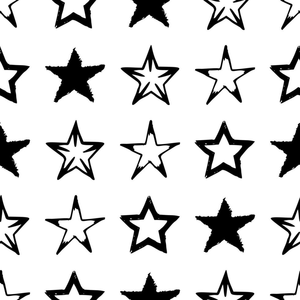 Seamless background of doodle stars. Black hand drawn stars on white background. Vector illustration