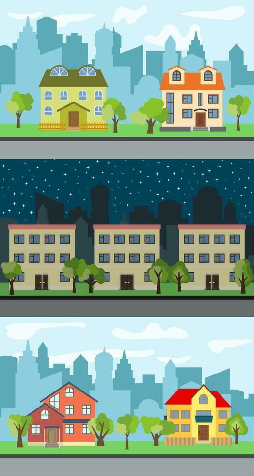 Set of three vector illustrations of city street with cartoon houses and trees. Summer urban landscape. Street view with cityscape on a background