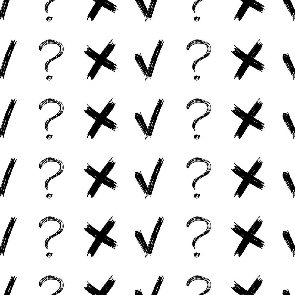 Seamless pattern with hand drawn check, cross and question mark symbols. Black sketch cross symbol on white background. Vector illustration