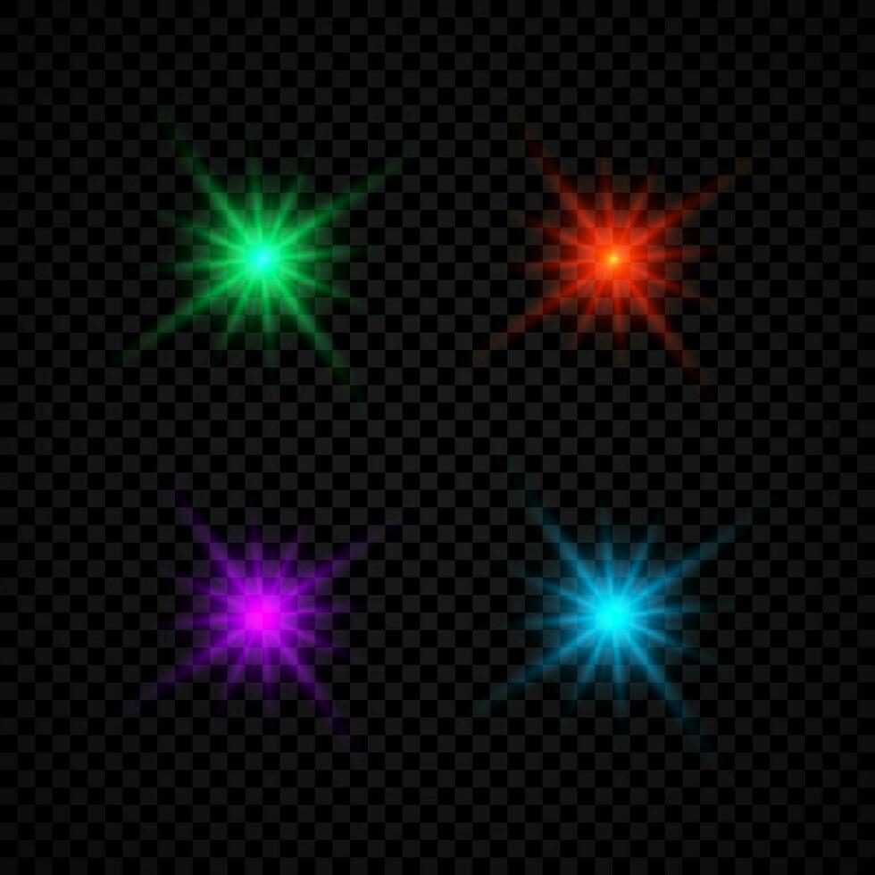Light effect of lens flares. Set of four green, red, purple and blue glowing lights starburst effects with sparkles on a dark vector