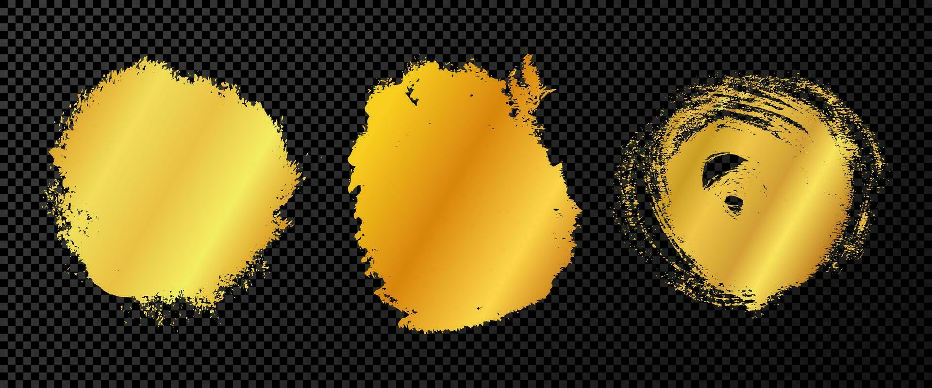Gold grunge brush strokes. Set of three painted in gold brush ink stains. Ink spot isolated on dark vector