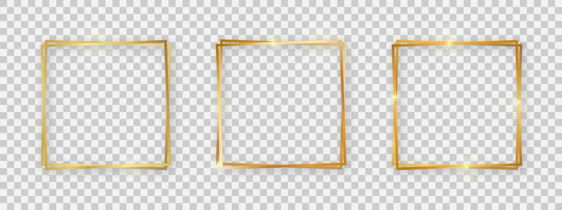 Double square shiny frames with glowing effects. Set of three gold double square frames with shadows vector