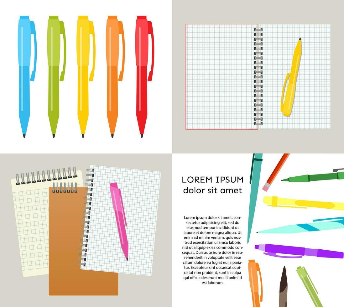 Set of four vector illustration with notebooks, pens and pencils.