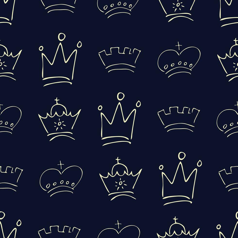 Hand drawn crowns. Seamless pattern of simple graffiti sketch queen or king crowns. Royal imperial coronation and monarch symbols. Vector illustration.