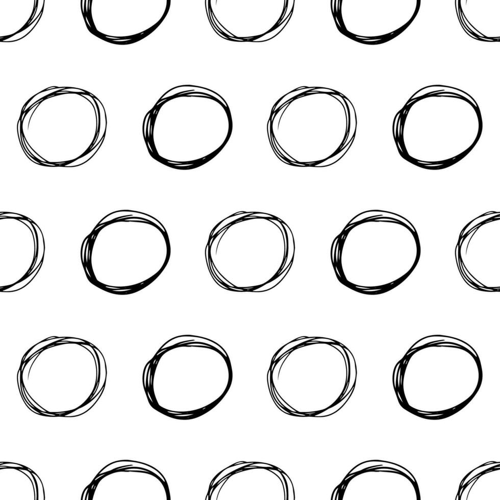 Seamless pattern with black sketch hand drawn brush scribble circles shape on white background. Abstract grunge texture. Vector illustration
