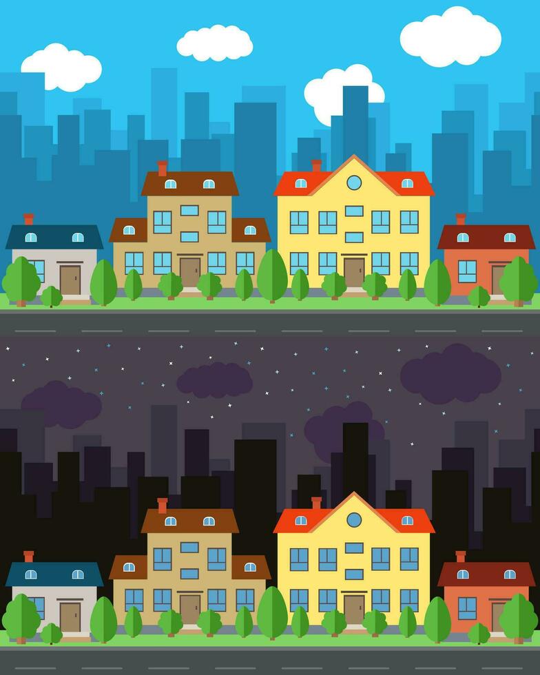 Vector city with one and two-story cartoon houses in the day and night. Summer urban landscape. Street view with cityscape on a background